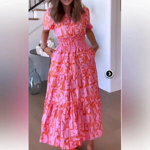 V Neck Smocked Waist Abstract Print Maxi Swing Dress Small or Medium Available